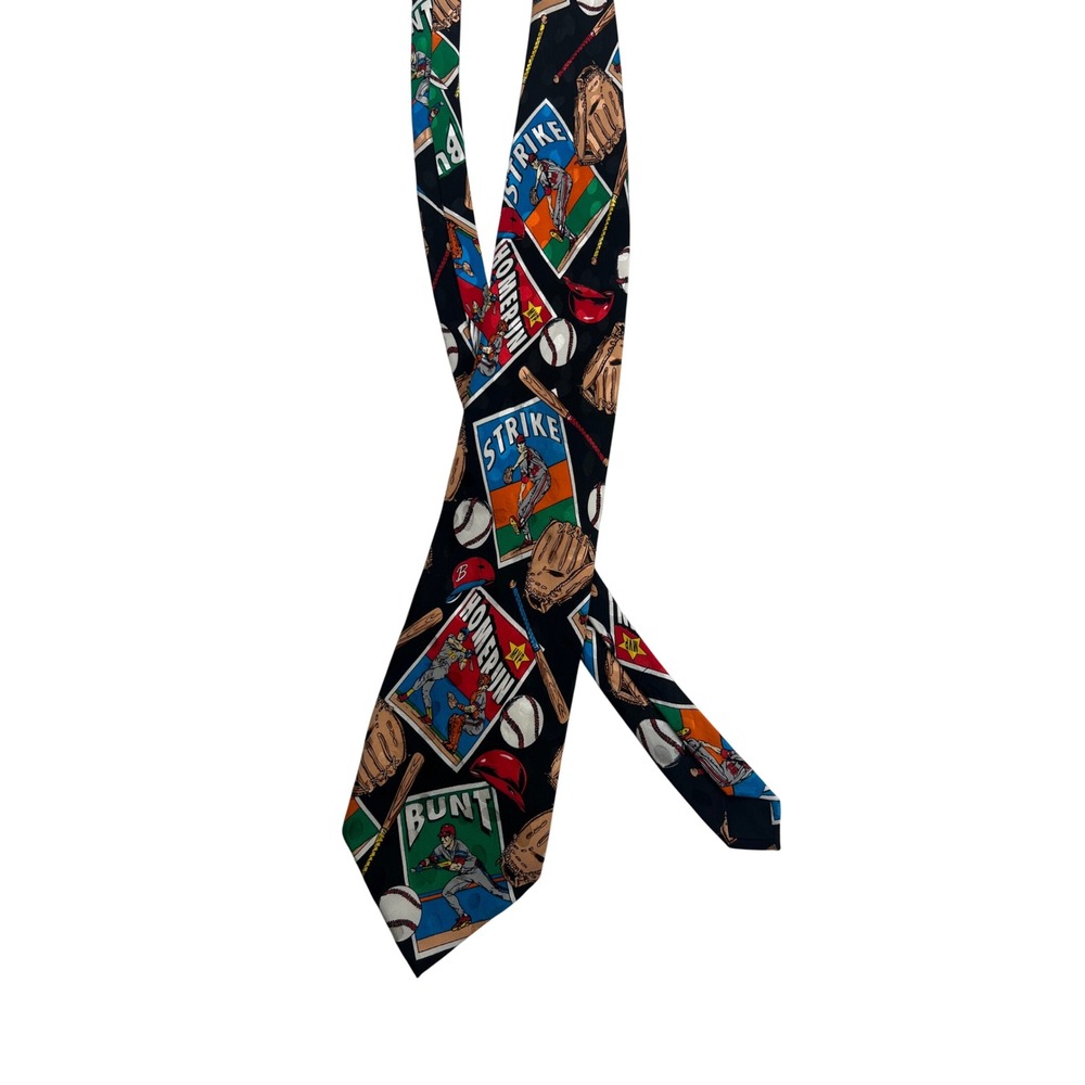 Vintage Baseball Card Novelty Silk Tie Black Homerun Strike Bunt Sports Mens